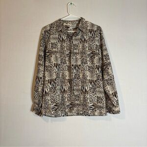 Alfred Dunner Beige and Black Animal Print Button-Down Shirt Size 12P